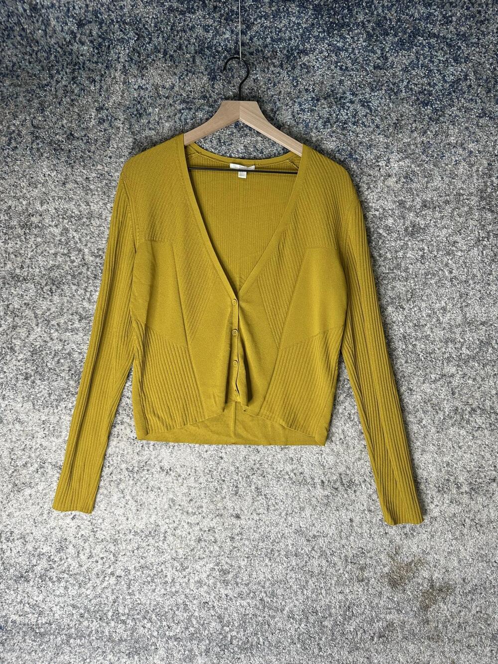 COS Cardigan Sweater Womens Medium Yellow Ribbed V Neck Button Cropped Knit